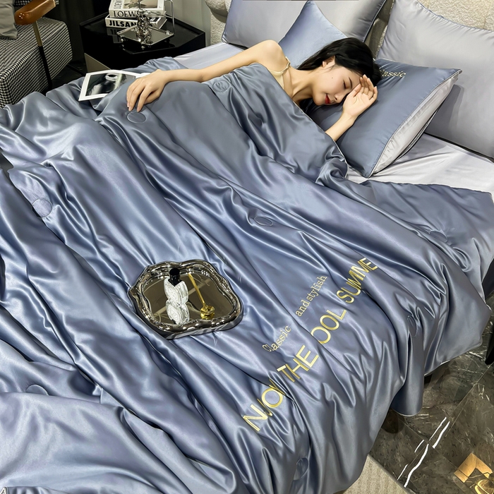 91家纺网 家纺一手货源 找家纺 梦镜家纺 2025新款凉感丝刺绣系列夏被 优雅紫+山灰