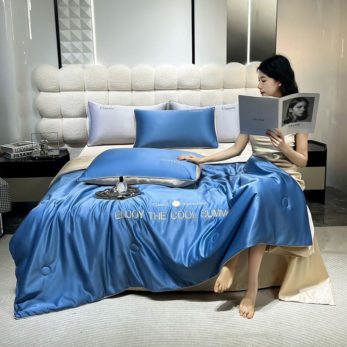 91家纺网 家纺一手货源 找家纺 梦镜家纺 2025新款凉感丝刺绣系列夏被 梵高蓝+香槟