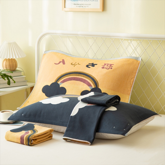91家纺网 家纺一手货源 找家纺 朴尔家纺-毛巾被 2024新款卡通风格全棉四层纱布枕巾 彩虹-藏青