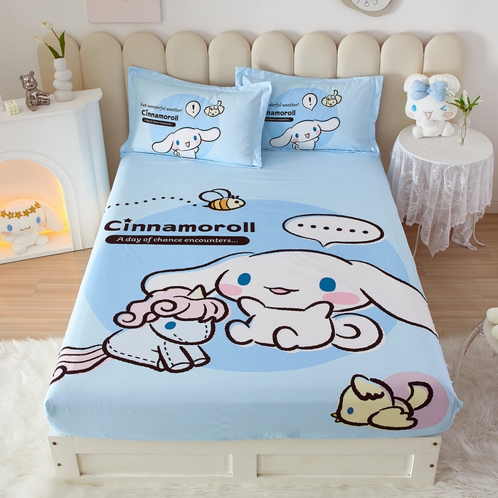 91家纺网 家纺一手货源 找家纺 蘭菲家纺 2024新款全棉大版三丽鸥卡通单床笠 布丁