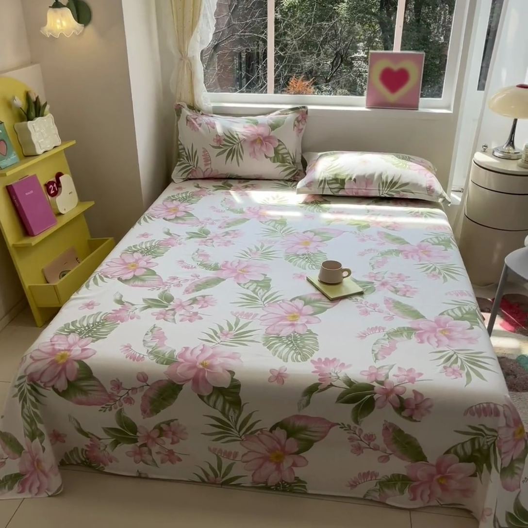 91家纺网 家纺一手货源 找家纺 绵庭家纺 2024新款AB版12868全棉印花单床单 粉朵华颂