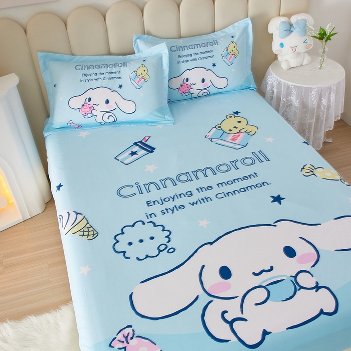 91家纺网 家纺一手货源 找家纺 蘭菲家纺 2024新款全棉大版三丽鸥卡通单床笠 吃货