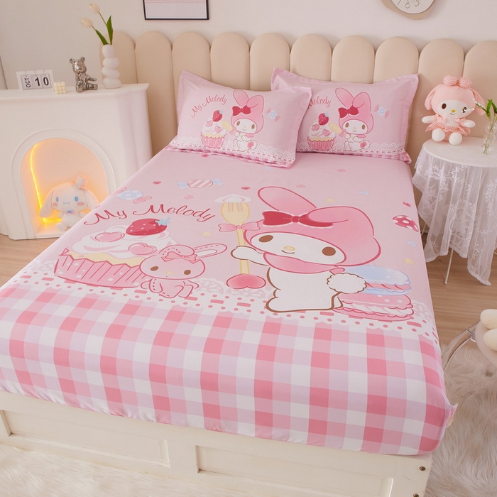 91家纺网 家纺一手货源 找家纺 蘭菲家纺 2024新款全棉大版三丽鸥卡通单床笠 节日快乐