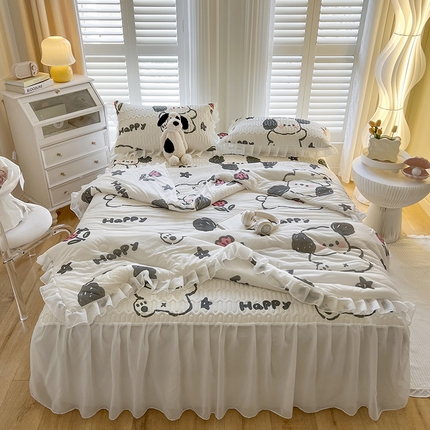 慕澄家纺 2024新款小版印花床裙款乳胶凉席凉感丝夏被四件套 床裙款-快乐小狗