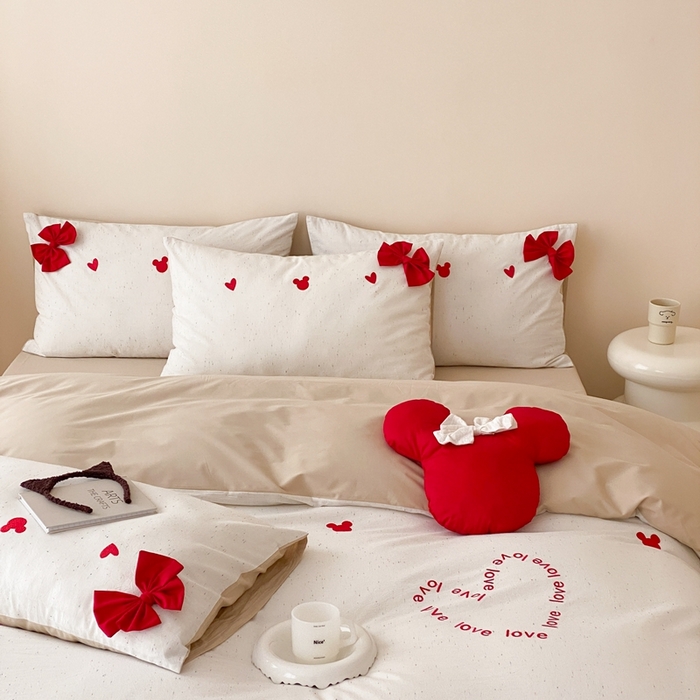 91家纺网 家纺一手货源 找家纺 朗莎 2024新款40S水洗棉四件套 爱心米奇