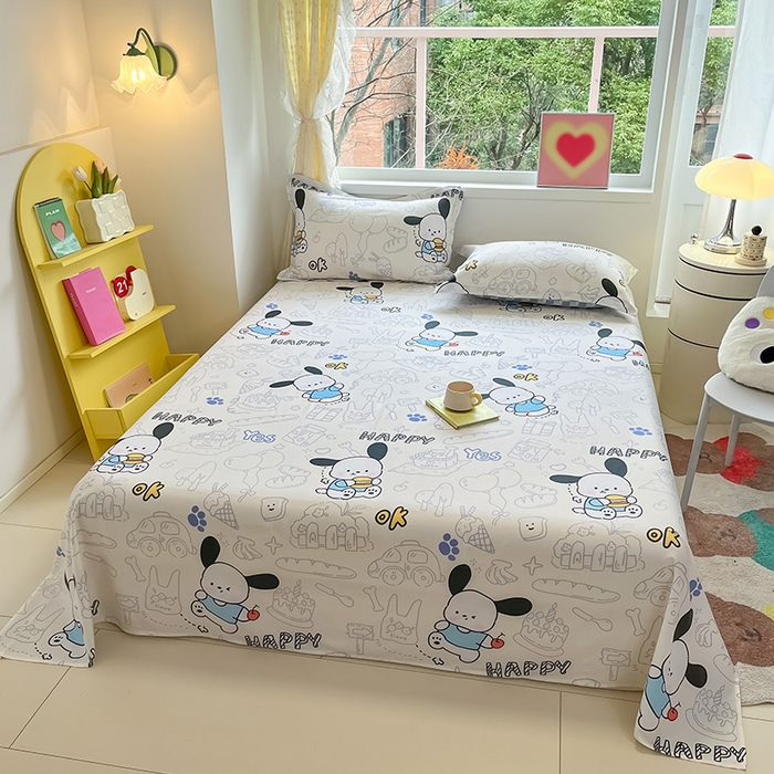 91家纺网 家纺一手货源 找家纺 绵庭家纺 2024新款AB版12868全棉印花单床单 蓝色小狗