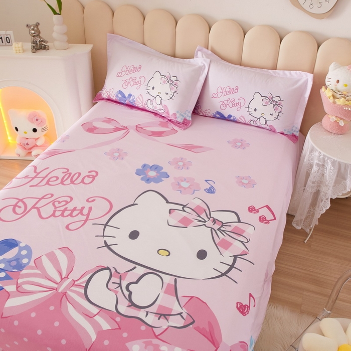 91家纺网 家纺一手货源 找家纺 蘭菲家纺 2024新款全棉大版三丽鸥卡通单床笠 炫彩KT