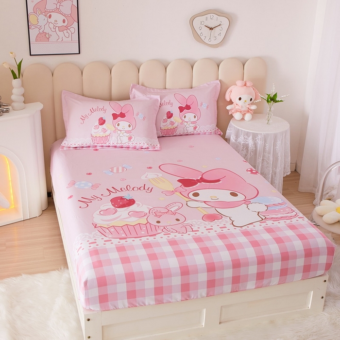 91家纺网 家纺一手货源 找家纺 蘭菲家纺 2024新款全棉大版三丽鸥卡通单床笠 节日快乐