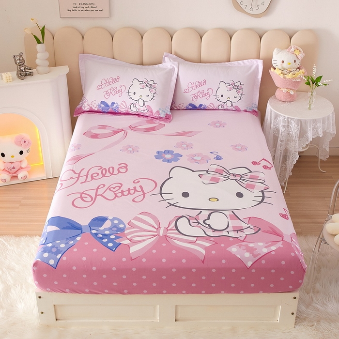 91家纺网 家纺一手货源 找家纺 蘭菲家纺 2024新款全棉大版三丽鸥卡通单床笠 炫彩KT