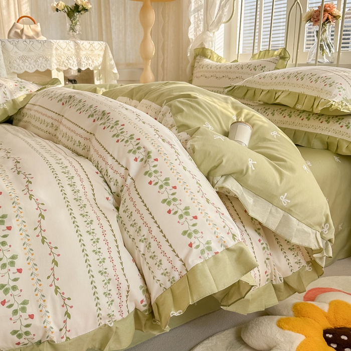 91家纺网 家纺一手货源 找家纺 眠屿 2024新款40支全棉花边四件套 叶雨