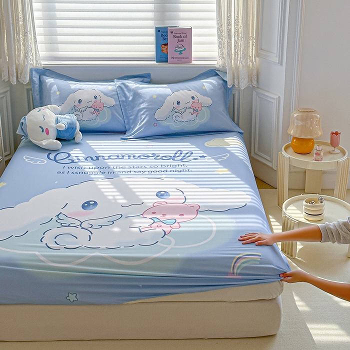 91家纺网 家纺一手货源 找家纺 蘭菲家纺 2024新款全棉大版三丽鸥卡通单床笠 棉花糖