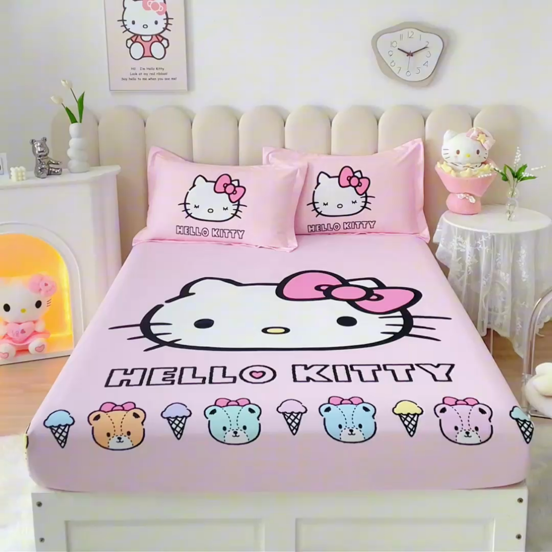 91家纺网 家纺一手货源 找家纺 蘭菲家纺 2024新款全棉大版三丽鸥卡通单床笠 粉系