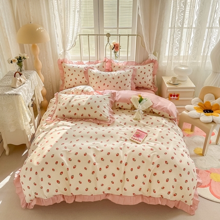 眠屿 2024新款40支全棉花边四件套 草莓果儿
