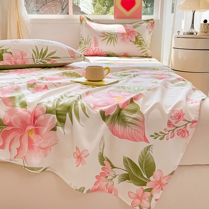 91家纺网 家纺一手货源 找家纺 绵庭家纺 2024新款AB版12868全棉印花单床单 粉朵华颂