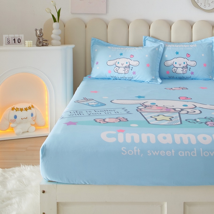 91家纺网 家纺一手货源 找家纺 蘭菲家纺 2024新款全棉大版三丽鸥卡通单床笠 奶茶来了