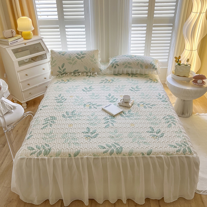 91家纺网 家纺一手货源 找家纺 慕澄家纺 2024新款小版印花床裙款乳胶凉席三件套 床裙款-绿叶