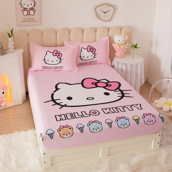 91家纺网 家纺一手货源 找家纺 蘭菲家纺 2024新款全棉大版三丽鸥卡通单床笠 粉系