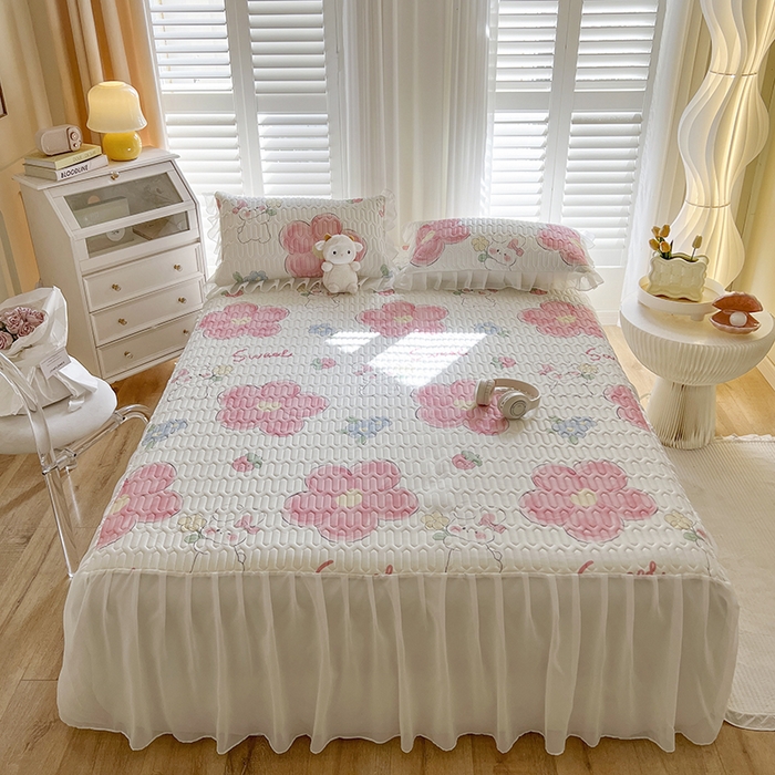 91家纺网 家纺一手货源 找家纺 慕澄家纺 2024新款小版印花床裙款乳胶凉席三件套 床裙款-心花怒放