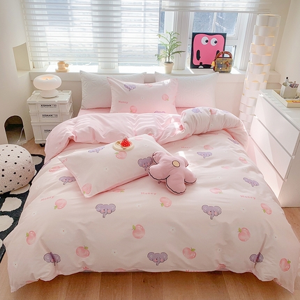 91家纺网 家纺一手货源 找家纺 TT.one 塔塔家居 2025新款全棉印花小清新四件套 蜜桃小象