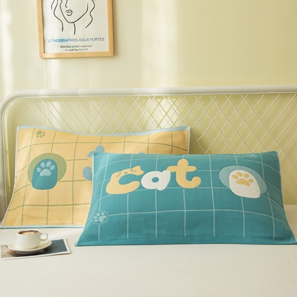 朴尔家纺-毛巾被 2024新款卡通风格全棉四层纱布枕巾 cat-绿