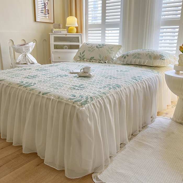 91家纺网 家纺一手货源 找家纺 慕澄家纺 2024新款小版印花床裙款乳胶凉席三件套 床裙款-绿叶