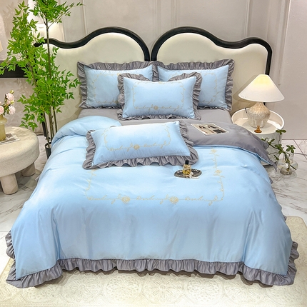 91家纺网 家纺一手货源 找家纺 新19 经年2025年水洗真丝韩版四件套 一世系列 一世-蓝灰