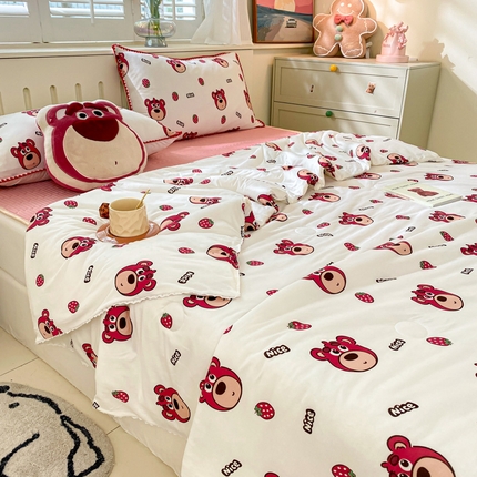 91家纺网 家纺一手货源 找家纺 （总）花漾 2024新款A类花边小清新卡通针织凉感丝夏被软席四件套凉席夏被四件套
