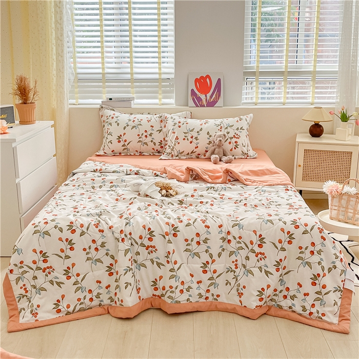 91家纺网 家纺一手货源 找家纺 梵克保罗 2024新款春夏水洗棉麻双层纱夏被四件套 枇杷树