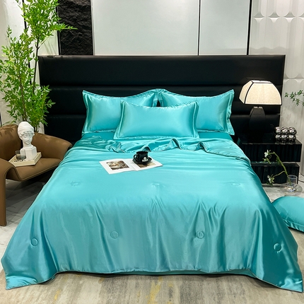 91家纺网 家纺一手货源 找家纺 新18 经年2025年 夏季丝绸真丝手感水洗真丝夏被四件套 夏被-深水蓝