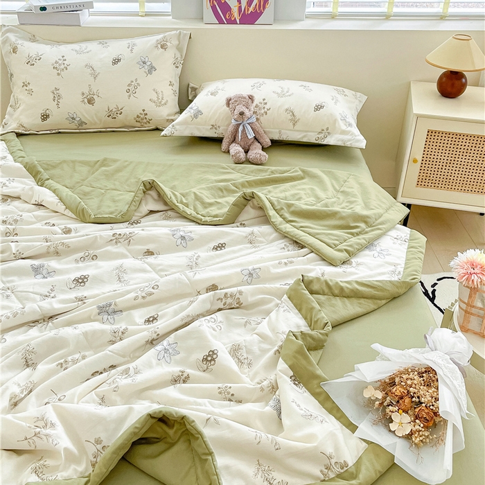 91家纺网 家纺一手货源 找家纺 梵克保罗 2024新款春夏水洗棉麻双层纱夏被四件套 石榴花开