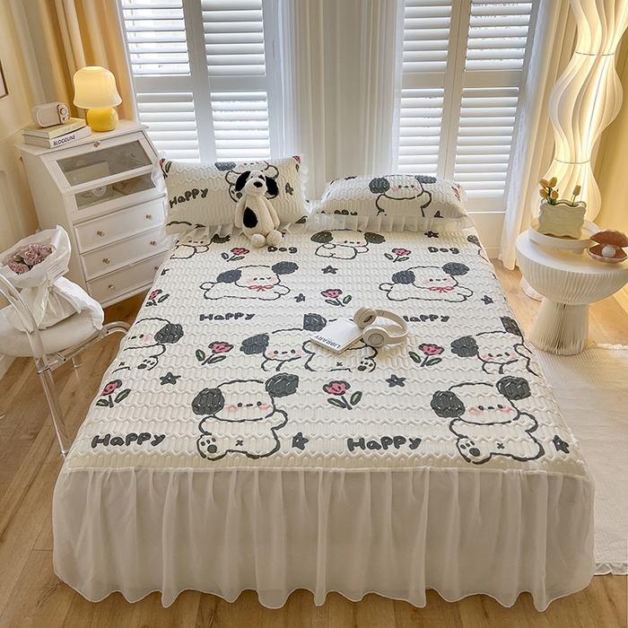 91家纺网 家纺一手货源 找家纺 慕澄家纺 2024新款小版印花床裙款乳胶凉席三件套 床裙款-快乐小狗