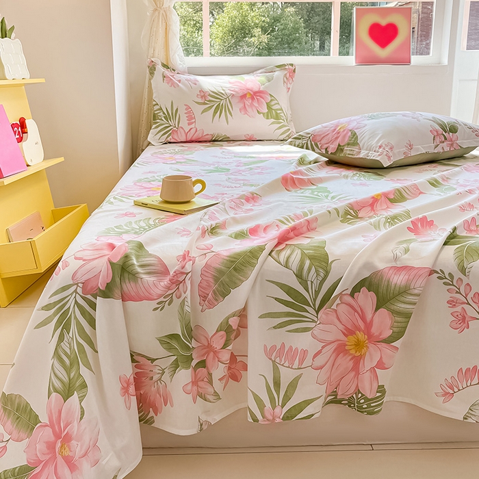 91家纺网 家纺一手货源 找家纺 绵庭家纺 2024新款AB版12868全棉印花单床单 粉朵华颂