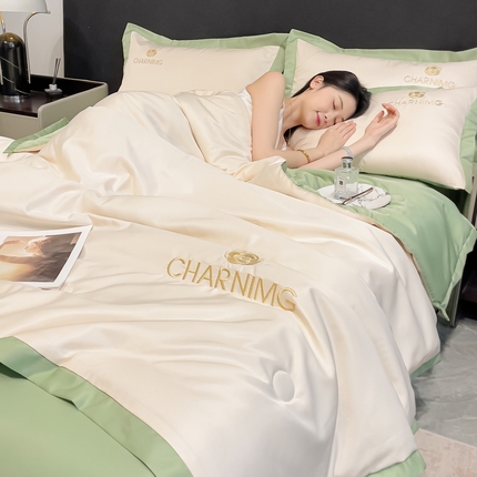 91家纺网 家纺一手货源 找家纺 江暮云家纺 2025新款A类水洗真丝刺绣夏被四件套-百丽儿 百丽儿奶昔白-云川绿