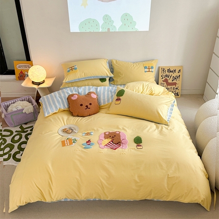 眠屿 2024新款A类全棉40支水洗棉毛巾绣四件套 沙发熊