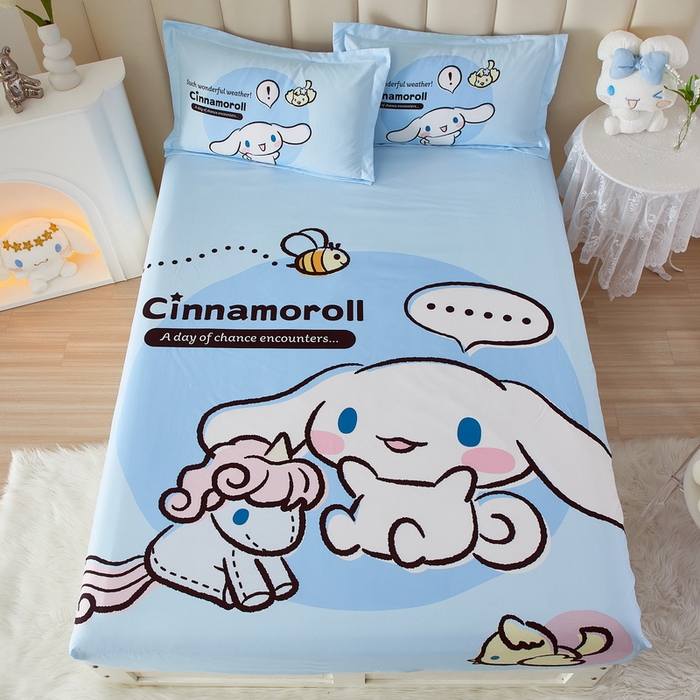 91家纺网 家纺一手货源 找家纺 蘭菲家纺 2024新款全棉大版三丽鸥卡通单床笠 布丁