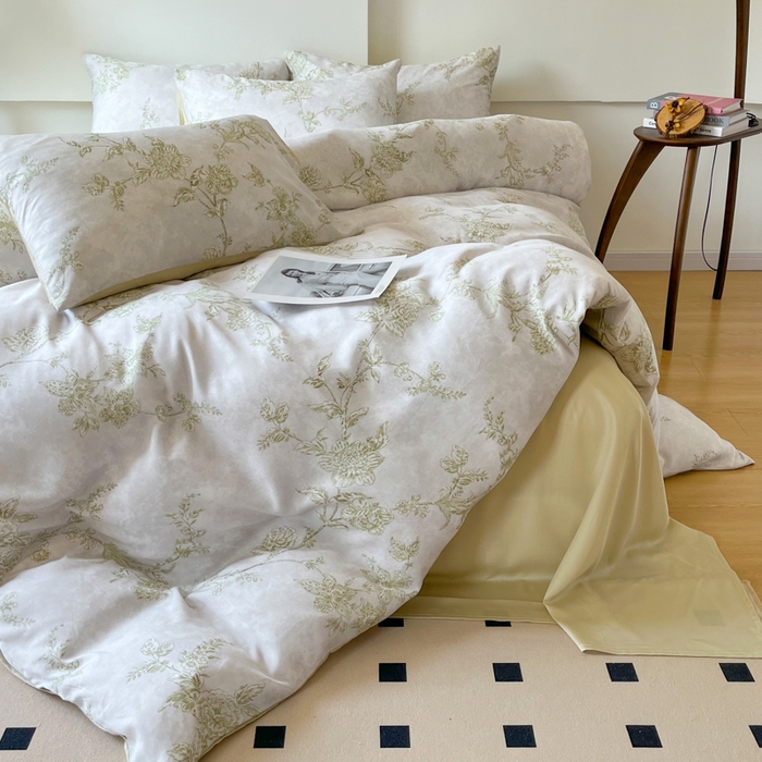 91家纺网 家纺一手货源 找家纺 千朵 2024新款莱赛尔天丝四件套 美人蕉绿