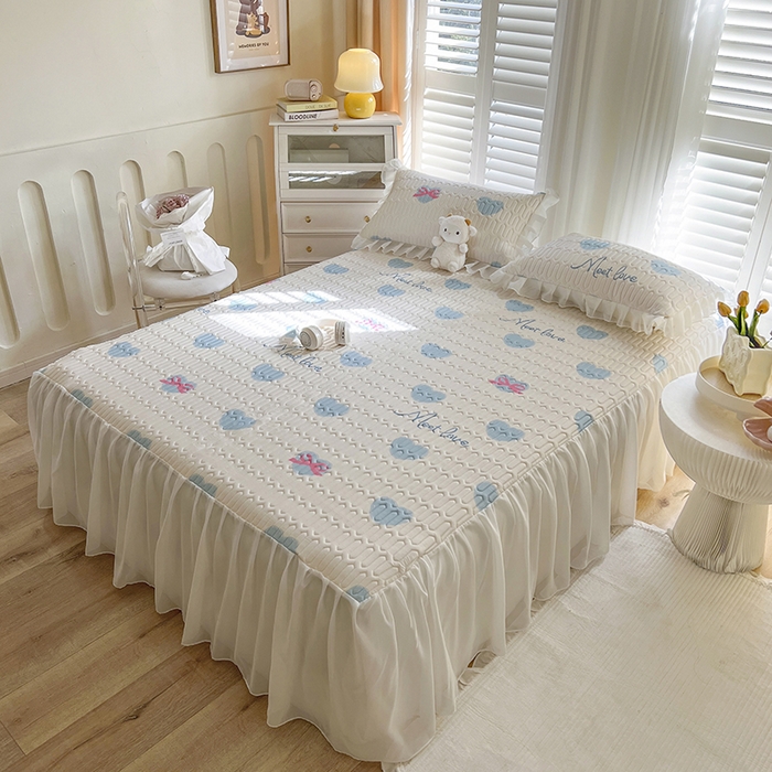 91家纺网 家纺一手货源 找家纺 慕澄家纺 2024新款小版印花床裙款乳胶凉席三件套 床裙款-心情