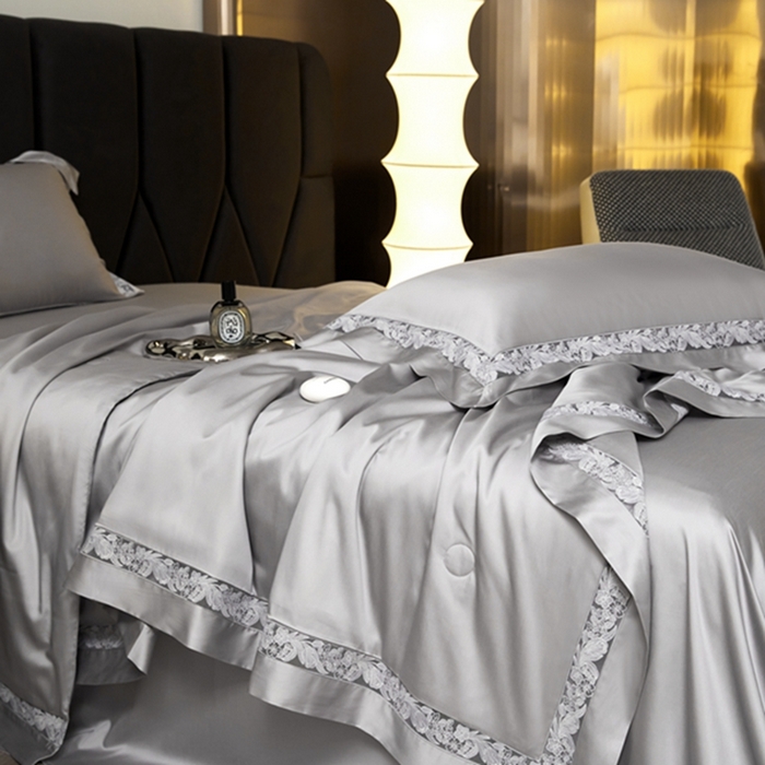 91家纺网 家纺一手货源 找家纺 榻尚家居 2024新款天丝棉镂空夏被四件套-云绡系列 云绡-优雅灰天丝棉夏被四件套