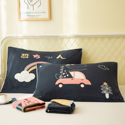 91家纺网 家纺一手货源 找家纺 朴尔家纺-毛巾被 2024新款卡通AB组合全棉四层纱布枕巾52*78cm一对 彩虹恐龙-藏青