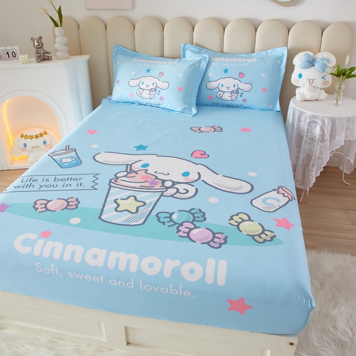 91家纺网 家纺一手货源 找家纺 蘭菲家纺 2024新款全棉大版三丽鸥卡通单床笠 奶茶来了