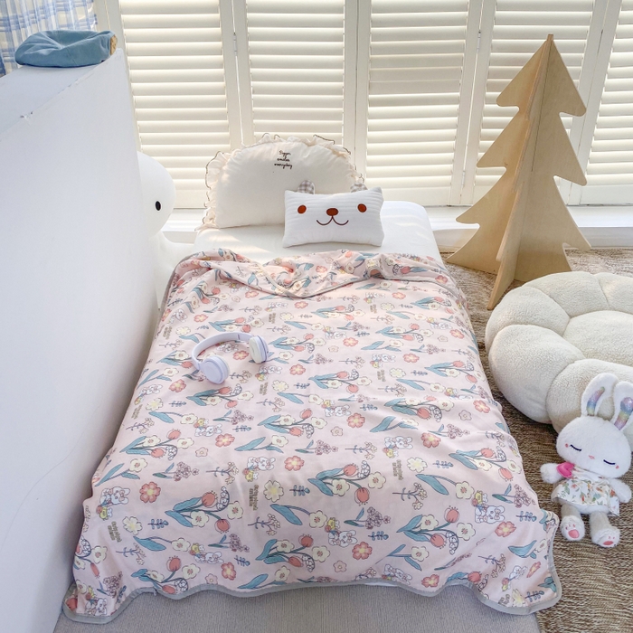 91家纺网 家纺一手货源 找家纺 潮邦 2025新款全棉双层纱多功能盖毯 心怡粉