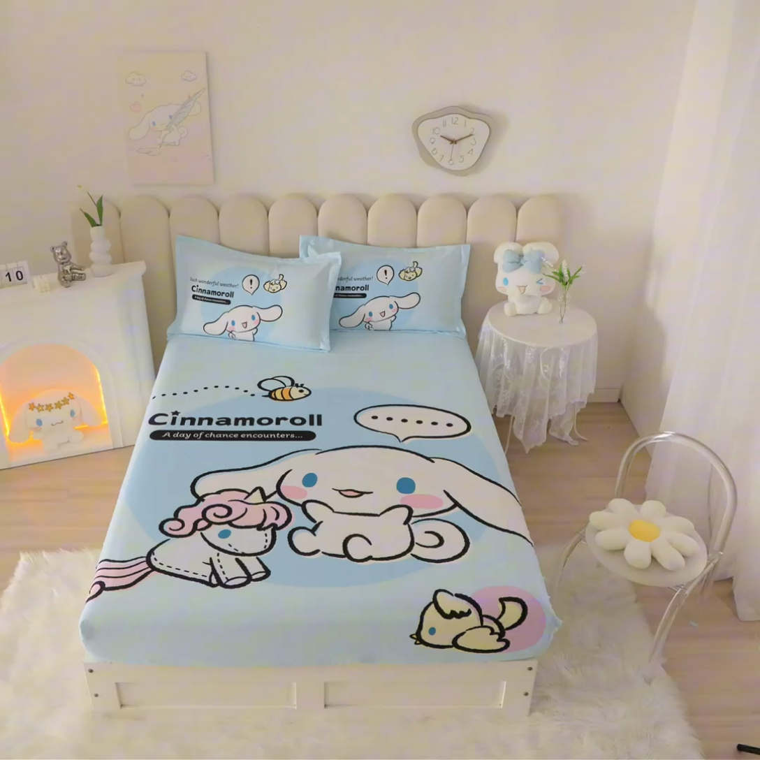 91家纺网 家纺一手货源 找家纺 蘭菲家纺 2024新款全棉大版三丽鸥卡通单床笠 布丁