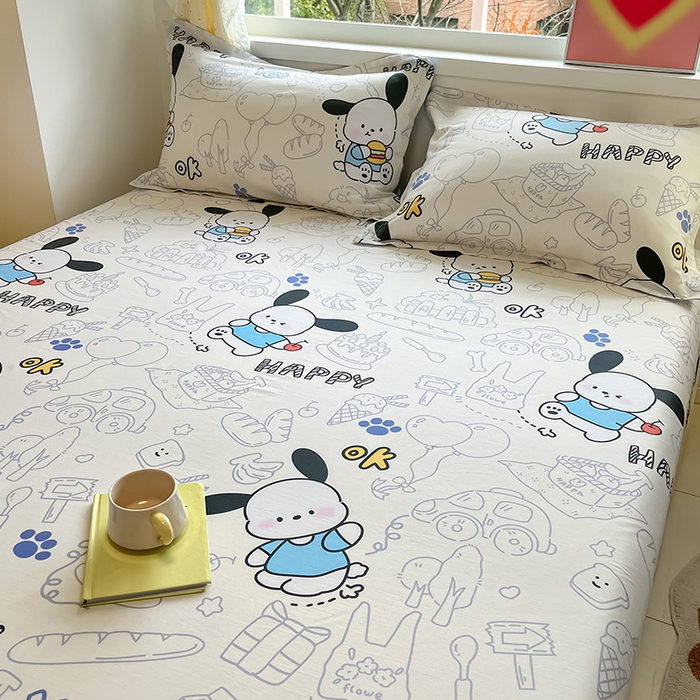 91家纺网 家纺一手货源 找家纺 绵庭家纺 2024新款AB版12868全棉印花单床单 蓝色小狗