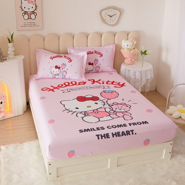 91家纺网 家纺一手货源 找家纺 蘭菲家纺 2024新款全棉大版三丽鸥卡通单床笠 草莓派