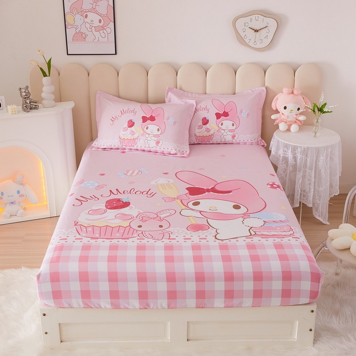 91家纺网 家纺一手货源 找家纺 蘭菲家纺 2024新款全棉大版三丽鸥卡通单床笠 节日快乐