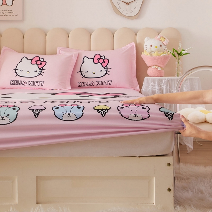 91家纺网 家纺一手货源 找家纺 蘭菲家纺 2024新款全棉大版三丽鸥卡通单床笠 粉系