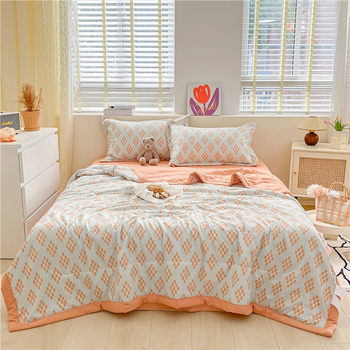 91家纺网 家纺一手货源 找家纺 梵克保罗 2024新款春夏水洗棉麻双层纱夏被四件套 棋盘格