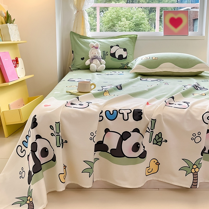 91家纺网 家纺一手货源 找家纺 绵庭家纺 2024新款AB版12868全棉印花单床单 熊猫戏水绿