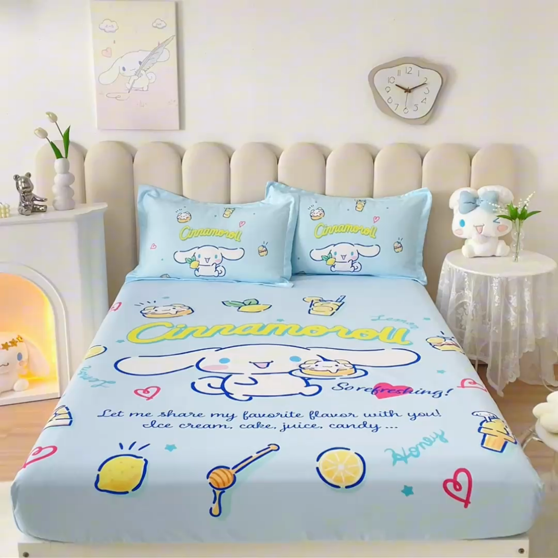 91家纺网 家纺一手货源 找家纺 蘭菲家纺 2024新款全棉大版三丽鸥卡通单床笠 圆宝