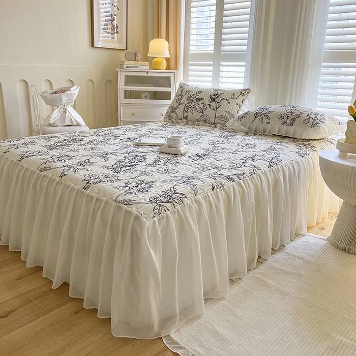 91家纺网 家纺一手货源 找家纺 （总）慕澄家纺 2024新款小版印花床裙款乳胶凉席三件套